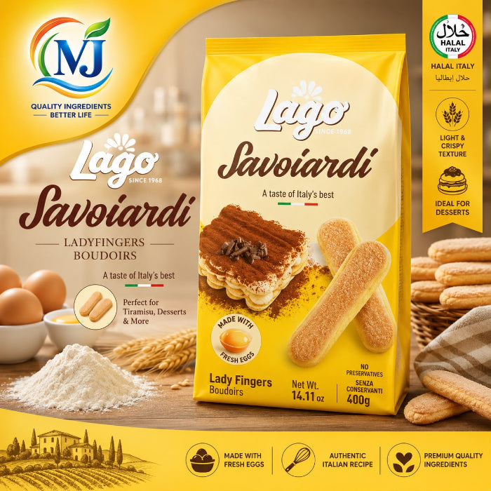 A bag of Lago Savoiardi Ladyfingers Boudoirs cookies is shown prominently in the center, with a yellow and cream packaging design. The background is a warm, golden studio setup featuring ingredients like eggs, flour, wheat, and cookies, along with Italian-style illustrations and text highlighting halal certification and product qualities.