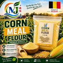 A 1kg bag of NJ Corn Meal Flour displayed on a rustic wooden table with a scoop of flour, a wooden bowl, and fresh corn ears. The background is a green cornfield under a blue sky with a Belgian flag graphic in the top right corner.