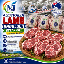 Promotional graphic for MJ Australia Lamb Shoulder Steak Cut, showing several raw lamb shoulder wraps and several sliced raw lamb steaks on a wooden board with rosemary, plus a factory scene in the background and marketing text overlays.