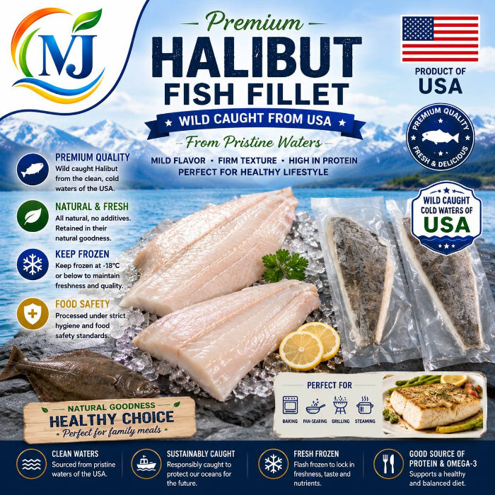 A promotional product graphic for NJ Halibut Fish Fillet, showing several raw fish fillets on ice with a blue ocean background and multiple informational callouts, logos, and product badges.