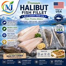 A promotional product graphic for NJ Halibut Fish Fillet, showing several raw fish fillets on ice with a blue ocean background and multiple informational callouts, logos, and product badges.
