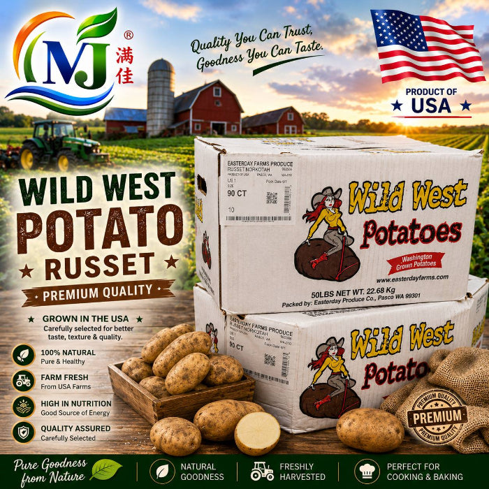A promotional product graphic for Earthstraw Farm Wild West Potato Russet. The image shows stacked white produce boxes with the Earthstraw Farm logo and 'Wild West Potatoes' branding, alongside several Russet potatoes in a wooden crate and on a burlap sack.
