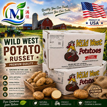 A promotional product graphic for Earthstraw Farm Wild West Potato Russet. The image shows stacked white produce boxes with the Earthstraw Farm logo and 'Wild West Potatoes' branding, alongside several Russet potatoes in a wooden crate and on a burlap sack.