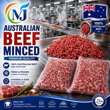 Promotional product image for MJ Australian Beef Minced, showing vacuum-sealed bags of raw minced beef, a large pile of minced meat, a sliced steak, and factory workers in a clean meat processing facility. Text highlights '100% Australian Beef', 'Fresh & Frozen', and 'Hygienic & Safe'.
