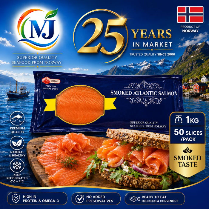 A retail package of MJ Smoked Atlantic Salmon, featuring a dark blue wrapper with a clear window showing orange salmon, set against a scenic Norwegian landscape. The image also includes promotional badges, a Norwegian flag, and a food serving suggestion of the salmon on a sandwich with bread.