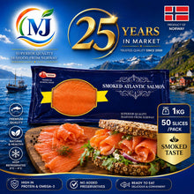 A retail package of MJ Smoked Atlantic Salmon, featuring a dark blue wrapper with a clear window showing orange salmon, set against a scenic Norwegian landscape. The image also includes promotional badges, a Norwegian flag, and a food serving suggestion of the salmon on a sandwich with bread.