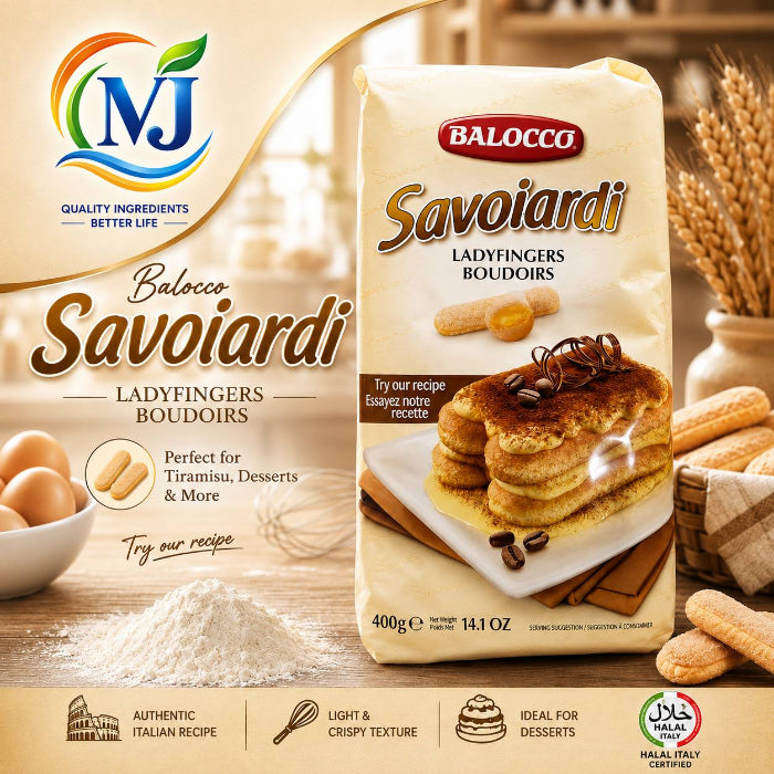 Balocco Savoiardi Ladyfingers Boudoirs flour packaging shown on a warm bakery-themed background with pancakes, cookies, eggs, and wheat. The package is cream-colored with brown and red branding, and the image includes the MJ logo and product feature icons along the bottom.
