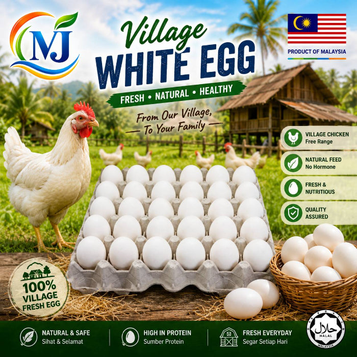 Village White Egg promotional graphic showing a large carton of white eggs in the center, a white chicken on the left, a basket of eggs on the right, and a rural house and trees in the background. Brand logo 'MJ' appears top left, with 'Product of Malaysia' and Malaysian flag at top right.