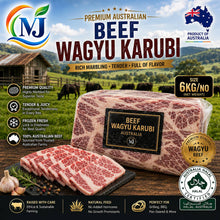 A packaged cut of beef Wagyu Karubi with sliced marbled beef pieces in front, set against a rural Australian farm scene. The image includes branding for MJ and product callouts such as size 6KG/NO, product of Australia, halal certification, and nutritional benefits.