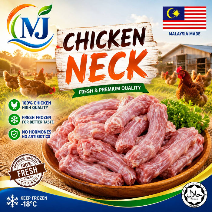 A packaged food product labeled 'CHICKEN NECK' showing raw marbled chicken necks in a wooden bowl on a farm-themed background. The image includes the MJ logo, a Malaysian flag with 'MALAYSIA MADE' text, quality icons, storage instructions, and certification seals.