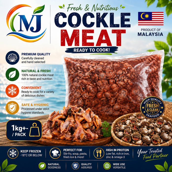 A promotional product graphic for MJ brand frozen cockle meat from Malaysia. The image features a large clear bag of raw frozen cockles, a wooden board with cooked pieces, and a bowl of seasoning mix.