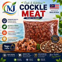 A promotional product graphic for MJ brand frozen cockle meat from Malaysia. The image features a large clear bag of raw frozen cockles, a wooden board with cooked pieces, and a bowl of seasoning mix.