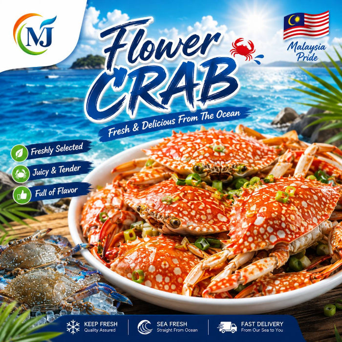 A promotional food product image for MJ Flower Crab, showing a white bowl filled with cooked red-orange flower crabs topped with green onions, set against a tropical ocean backdrop. The image includes the MJ logo, a Malaysian flag, and feature badges such as 'Freshly Selected', 'Juicy & Tender', and 'Full of Flavor'.