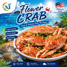 A promotional food product image for MJ Flower Crab, showing a white bowl filled with cooked red-orange flower crabs topped with green onions, set against a tropical ocean backdrop. The image includes the MJ logo, a Malaysian flag, and feature badges such as 'Freshly Selected', 'Juicy & Tender', and 'Full of Flavor'.