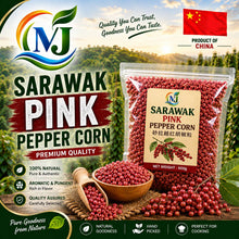 A 500g bag of NJ Sarawak Pink Pepper Corn next to a wooden scoop filled with red peppercorns on a burlap sack, set against a scenic green forest background with a Chinese flag and 'Product of China' text.