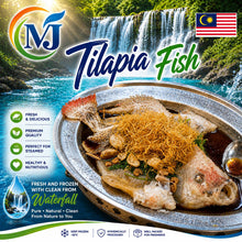 A promotional product image for MJ Tilapia Fish. The main subject is a cooked whole tilapia fish on a silver tray, topped with crispy fried noodles, set against a scenic waterfall background.