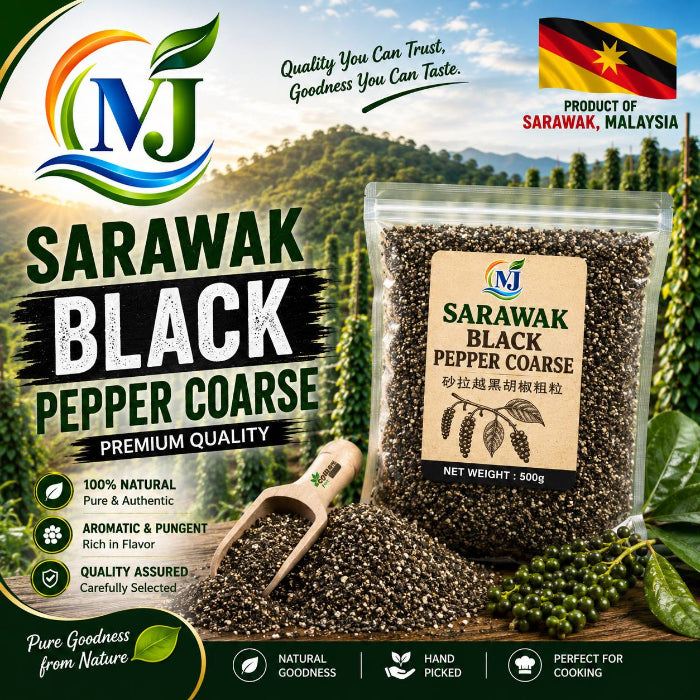 A 500g bag of NJ Sarawak Black Pepper Coarse next to a wooden scoop filled with the dark peppercorns, set against a scenic background of a lush green pepper farm in Sarawak, Malaysia. The image features promotional text, a Malaysian flag, and product benefits.