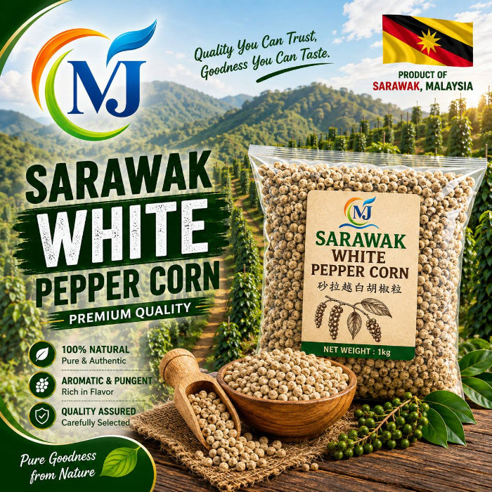 A 1 kg bag of Sarawak White Pepper Corn displayed on a rustic wooden table with a wooden scoop filled with the corn kernels. The background features a scenic mountain landscape with green fields, accompanied by promotional text, product benefits, and a Malaysian flag badge.