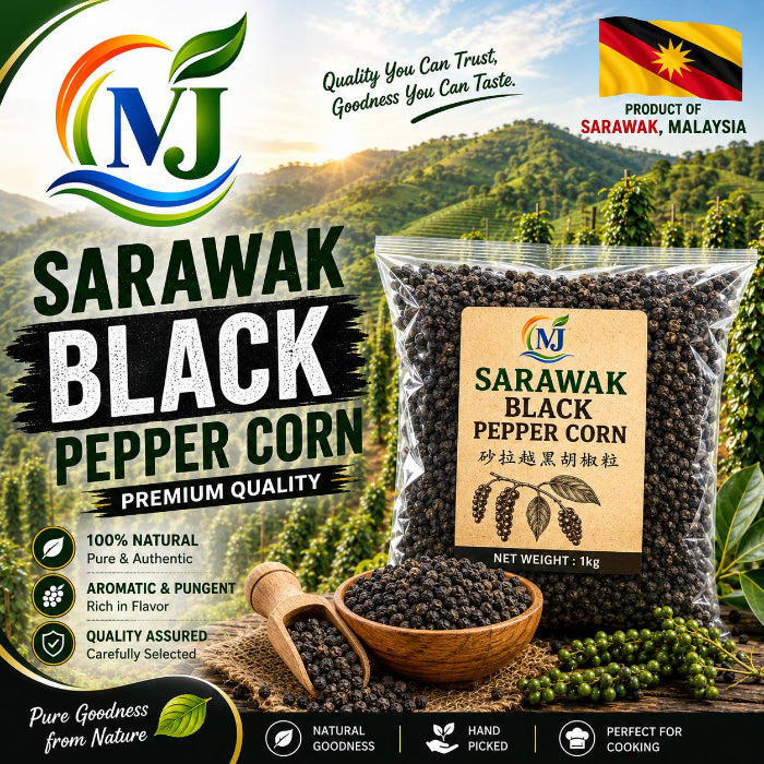 A bag of NJ Sarawak Black Pepper Corn with a wooden scoop of whole black peppers, set against a lush green pepper farm background. The image is heavily branded with text overlays highlighting 'Sarawak Black Pepper Corn' and features a flag for 'Product of Sarawak, Malaysia'.