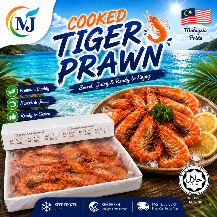 Cooked tiger prawn seafood advertisement showing a tray of orange-red cooked prawns on ice with lemon slices, a white styrofoam box of frozen prawns, tropical beach background, and Malaysian branding including the MJ logo and halal certification seal.
