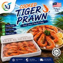 Cooked tiger prawn seafood advertisement showing a tray of orange-red cooked prawns on ice with lemon slices, a white styrofoam box of frozen prawns, tropical beach background, and Malaysian branding including the MJ logo and halal certification seal.