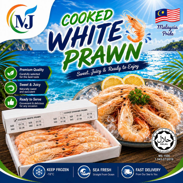 Promotional product graphic for cooked white prawn from NJ, showing a tray of cooked prawns in a white box, a plate of raw prawns on ice with lemon slices, tropical beach scenery, the NJ logo, a Malaysia pride flag, and certification badges.