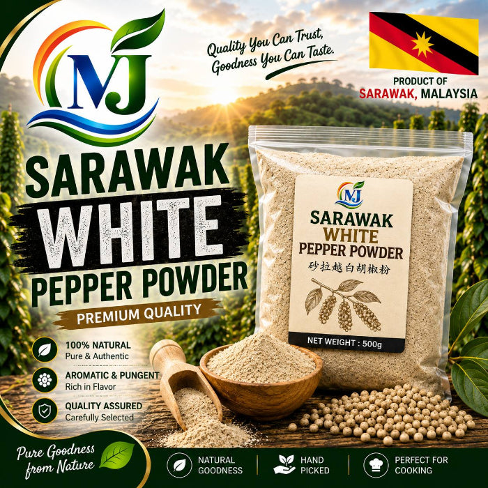 A 500g bag of NJ Sarawak White Pepper Powder displayed next to a wooden spoon and bowl filled with the powder, set against a scenic background of a lush green pepper field at sunset. The image is heavily branded with NJ logo, product details, and a Malaysian flag badge.