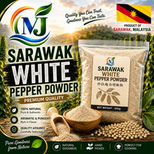 A 500g bag of NJ Sarawak White Pepper Powder displayed next to a wooden spoon and bowl filled with the powder, set against a scenic background of a lush green pepper field at sunset. The image is heavily branded with NJ logo, product details, and a Malaysian flag badge.
