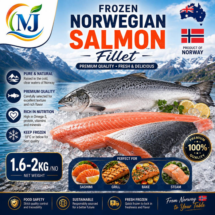 A promotional product graphic for MJ Frozen Norwegian Salmon Fillet. The image features two salmon fillets (one cooked with skin, one raw) on a bed of ice with a mountainous Norwegian landscape background.