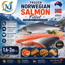 A promotional product graphic for MJ Frozen Norwegian Salmon Fillet. The image features two salmon fillets (one cooked with skin, one raw) on a bed of ice with a mountainous Norwegian landscape background.