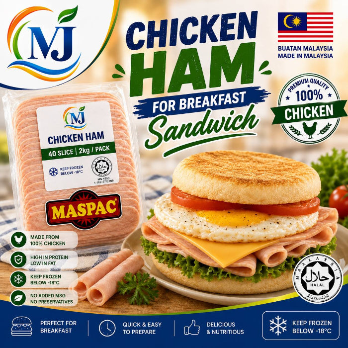 A promotional product graphic for Maspac Chicken Ham, showing a packaged 40-slice pack on the left and a prepared breakfast sandwich on the right. The image includes branding for both Maspac and NJ, along with text highlighting 'Chicken Ham for Breakfast Sandwich', '100% Chicken', and 'Premium Quality'.