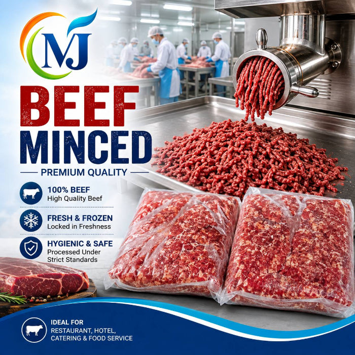 Promotional graphic for MJ Beef Minced, showing vacuum-sealed bags of raw minced beef, loose minced meat in a metal tray, a meat grinder in use, and workers in a clean slaughterhouse or processing facility. Large text reads 'BEEF MINCED' with 'PREMIUM QUALITY' and feature icons for 100% beef, fresh/frozen, and hygienic safety.