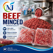 Promotional graphic for MJ Beef Minced, showing vacuum-sealed bags of raw minced beef, loose minced meat in a metal tray, a meat grinder in use, and workers in a clean slaughterhouse or processing facility. Large text reads 'BEEF MINCED' with 'PREMIUM QUALITY' and feature icons for 100% beef, fresh/frozen, and hygienic safety.