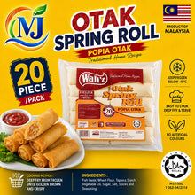 A packaged food product on a bright yellow background. The main subject is a package of Wal's Otak Spring Roll popia otak, shown alongside several rolled spring rolls on a plate with ketchup.