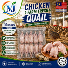 A packaged vacuum-sealed pack of frozen quail shown on a promotional graphic with chicken farm imagery, a live quail, raw quail pieces on a wooden tray, and text including 'CHICKEN FARM FRESH QUAIL', '10 NO / PACK FROZEN HIGH QUALITY QUAIL', and a Malaysian flag badge.