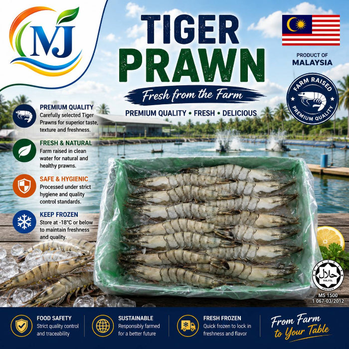 A promotional product graphic for Tiger Prawn from MJ, showing a large cluster of frozen tiger prawns in a clear plastic bag on a beach backdrop. The image includes marketing text, a Malaysian flag, a circular 'Farm Raised Premium Quality' seal, and feature icons for quality, freshness, safety, and storage.