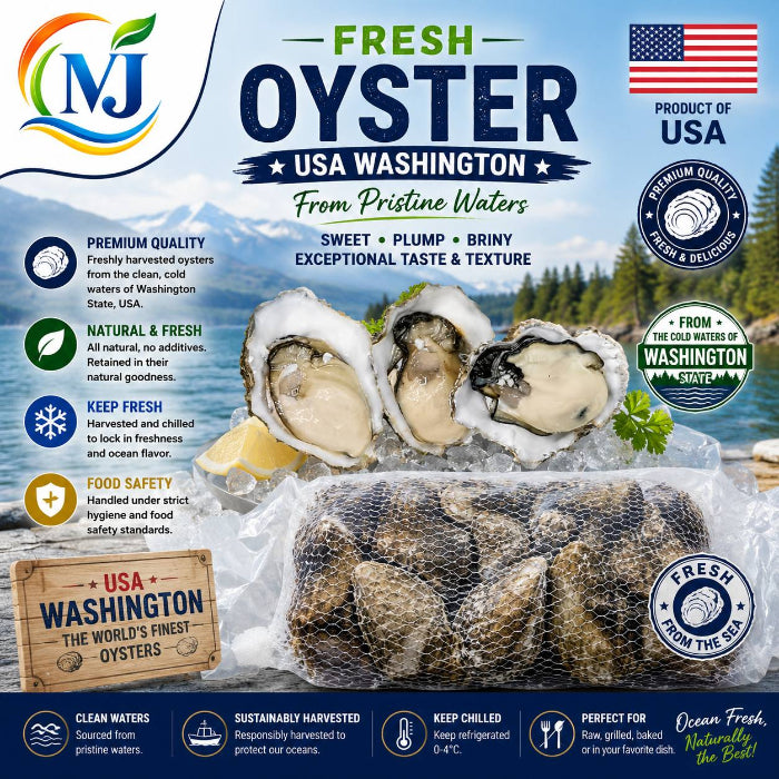A promotional product graphic for fresh oysters from Washington state. The image shows a mesh bag of oysters on ice, several raw oysters and a clamshell oyster open, lemon wedges, parsley, and a black background with large text reading 'Fresh Oyster' and supporting claims such as 'From Pristine Waters,' 'Product of USA,' and 'Premium Quality.