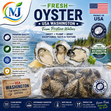 A promotional product graphic for fresh oysters from Washington state. The image shows a mesh bag of oysters on ice, several raw oysters and a clamshell oyster open, lemon wedges, parsley, and a black background with large text reading 'Fresh Oyster' and supporting claims such as 'From Pristine Waters,' 'Product of USA,' and 'Premium Quality.
