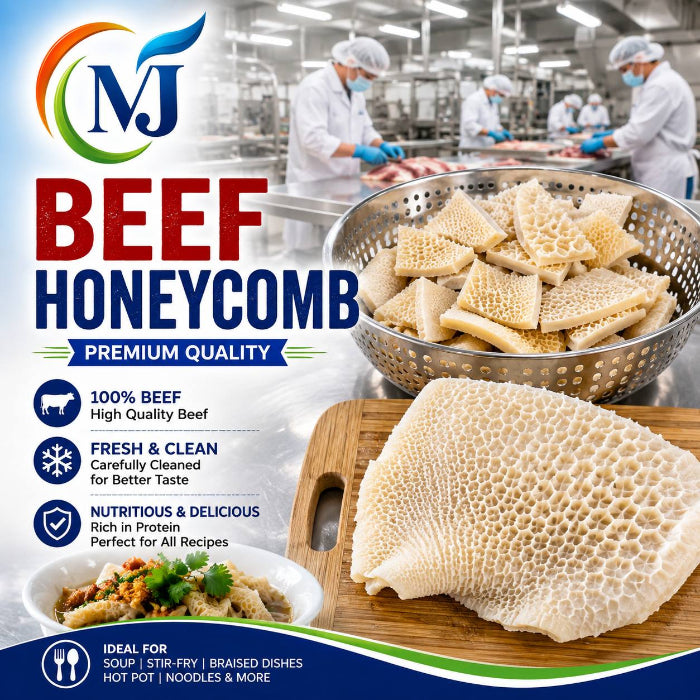 A promotional product graphic for beef honeycomb, showing a large cleaned piece of beef honeycomb on a wooden board, a metal bowl of sliced beef honeycomb, and marketing text including 'BEEF HONEYCOMB', 'PREMIUM QUALITY', and '100% BEEF'. A blurred food-processing factory scene with workers appears in the background.