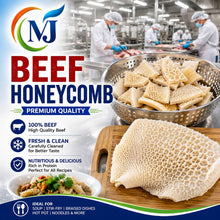 A promotional product graphic for beef honeycomb, showing a large cleaned piece of beef honeycomb on a wooden board, a metal bowl of sliced beef honeycomb, and marketing text including 'BEEF HONEYCOMB', 'PREMIUM QUALITY', and '100% BEEF'. A blurred food-processing factory scene with workers appears in the background.