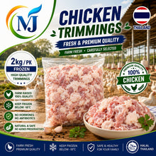 A 2kg bag of NJ Chicken Trimmings fresh and premium quality, shown alongside a bowl of raw chicken trimmings. The packaging features a colorful design with a chicken farm background, highlighting features like farm-raised 100% quality, frozen below -18°C, no hormones, and Halal certification.
